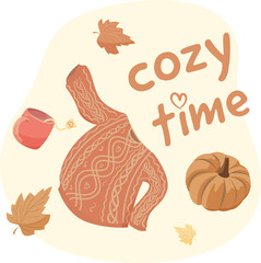 Cozy hygge style. Warm autumn mood. Knitted sweater, orange pumpkin, hot tea and autumn leaves. Cute flat cartoon vector illustration.  Cozy time lettering. Fall vibes, boho, home design, Halloween.