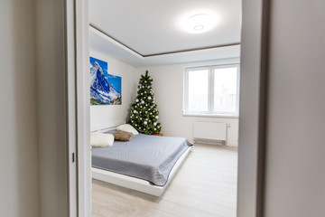 Fototapeta na wymiar Illuminated Christmas tree decorated in modern living room