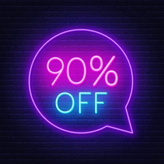 90 percent discount neon sign on brick wall background. Vector illustration