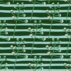 Bright cotton branches doodle hand drawn pattern. Green stripped background. Simple botanic ornament.