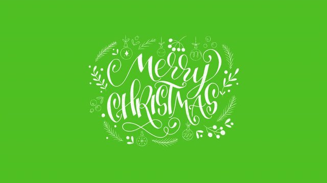 4K animated lettering greeting text Merry Christmas with sketched tree decorations and branches with leaves. Moving handwritten winter holiday phrase with flourish elements on transparent background