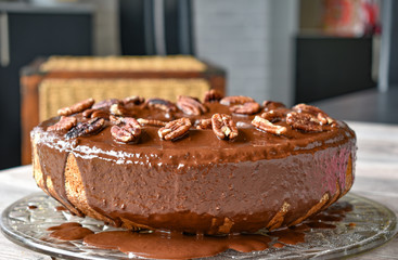 glazed chocolate cake with pekan nuts and pumkin