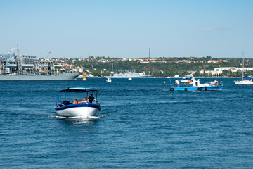 Tourist pleasure boat in the bay of the sea.