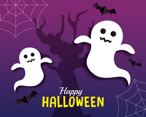 happy halloween banner, with ghosts, spiderwebs and bats flying in paper cut style vector illustration design