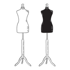 Retro clothing mannequin. White and black vector silhouettes. Vintage female mannequin dress dummy. Vector illustration of hand drawing style.