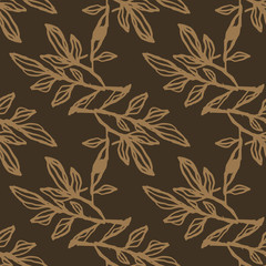 Fototapeta na wymiar Autumn seamless pattern with branches silhouettes. Brown background with light beige botanic outline ornament.