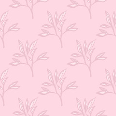 Minimalistic seamless branch foliage pattern. Botanic leaves ornament in stylized print in pink palette.