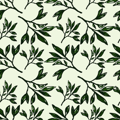 Green outline branch figures seamless pattern. Light pastel background. Simple floral backdrop.