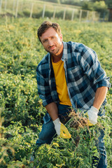 farmer in plaid shirt and gloves looking at camera while weeding field