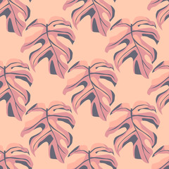 Pastel monstera leaves silhouettes seamless pattern. Pink soft palette exotic floral print.