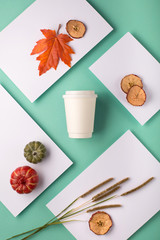 Take away coffee branding mockup. Autumn holiday concept.