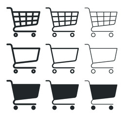 Shopping cart icon symbol collection. Flat shape web store button set. Online shop logo sign. Vector illustration image. Black silhouette isolated on white background.