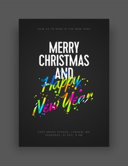 Merry Christmas and Happy New Year template. Vector illustration with colorful lettering for flyer, banner and invitation card.
