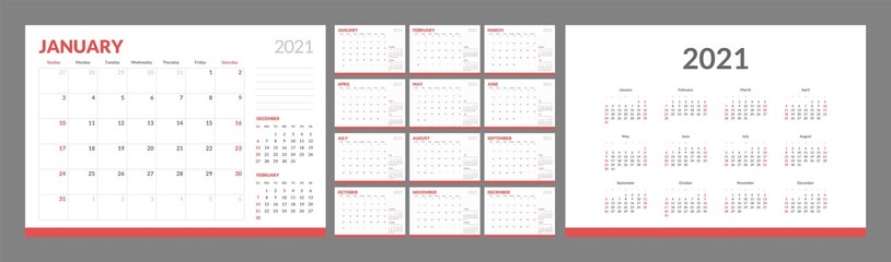 Wall calendar template for 2021 year. Planner diary in a minimalist style. Week Starts on Sunday. Monthly calendar ready for print.