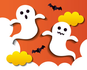 happy halloween banner, with ghosts and bats flying in paper cut style vector illustration design