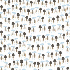 Little mushrooms seamless isolated pattern. Doodle autumn print with brown and blue fungus elements on white background.