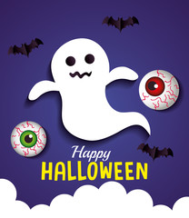 happy halloween banner, with ghost, eyeballs and bats flying in paper cut style vector illustration design