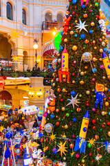 MOSCOW, RUSSIA - Dec 29, 2020: New Year and Christmas decoration of the GUM in Moscow, Russia. Inside view of the State Department Store in Moscow on Red Square.