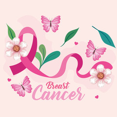 symbol of world breast cancer awareness month in october with pink ribbon, butterflies, leaves and heart decoration vector illustration design