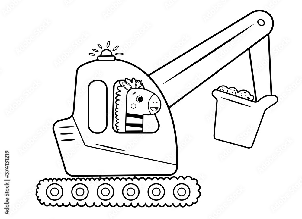 Wall mural coloring page outline of cartoon excavator with animal. vector image on white background. coloring b