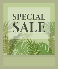 SPECIAL SALE promotional flyer template for website or social media with tropical plant leaves pattern vector illustration