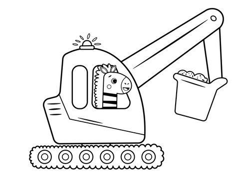 Coloring page outline of cartoon excavator with animal. Vector image on white background. Coloring book of transport for kids