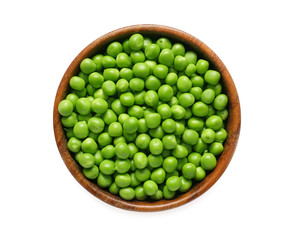 Bowl with tasty fresh peas on white background