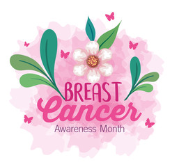 symbol of world breast cancer awareness month in october, with butterflies, flowers and leaves decoration vector illustration design