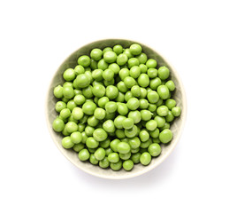 Plate with tasty fresh peas on white background