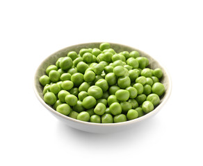 Plate with tasty fresh peas on white background