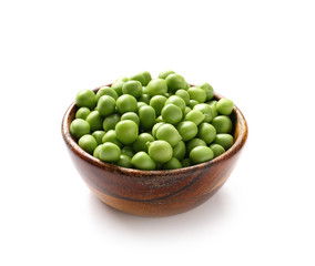 Bowl with tasty fresh peas on white background