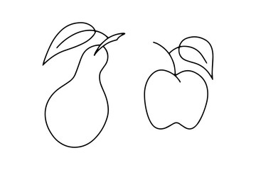 Doodle pear and apple with leaf isolated on white. Outline fruit. Hand drawing line art. Sketch food set. Vector stock illustration. EPS 10