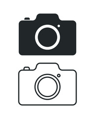 Camera icon symbol. Photograph logo. Simple flat shape sign. Black silhouette isolated on white background. Vector illustration image.