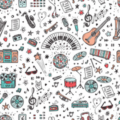Vector Music background. Seamless pattern with Hand drawn doodle Musical Instruments, Retro musical equipment.
