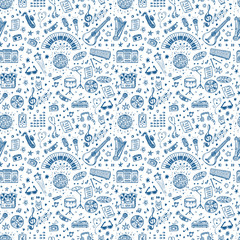 Vector Music background. Seamless pattern with Hand drawn doodle Musical Instruments, Retro musical equipment.
