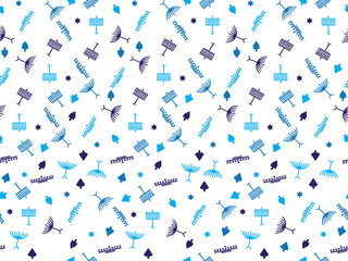 Fototapeta na wymiar Blue Hanukkah symbols seamless background - Menorah, dreidel and Star of David pattern on White background