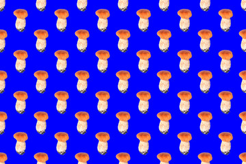 Small forest white mushroom isolated on blue background. Seamless pattern