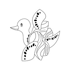 Cute little duck. Flying. Coloring page. Black and white. Vector illustration.