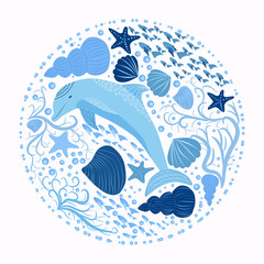 dolphin and marine elements isolated on a white background