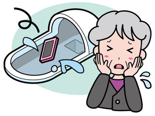 和式トイレにスマートフォンを落として困っているおばあさん