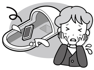 和式トイレにスマートフォンを落として困っているおばあさん