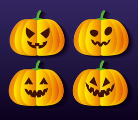 set of halloween pumpkins in paper cut style vector illustration design