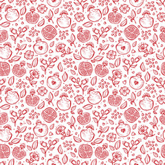 Vector Seamless pattern with Hand drawn Doodle Fruits. Pomegranate Fruit, Flowers and Leaves repeating background. Floral Wallpaper
