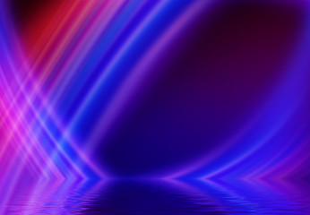Abstract dark futuristic background. Neon rays of light are reflected from the water. Background of empty stage show, beach party. 3d illustration