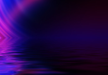 Abstract dark futuristic background. Neon rays of light are reflected from the water. Background of empty stage show, beach party. 3d illustration