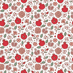 Vector Seamless pattern with Hand drawn Doodle Fruits. Pomegranate Fruit, Flowers and Leaves repeating background. Floral Wallpaper
