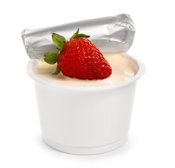 Plastic cup of strawberry yogurt on white background