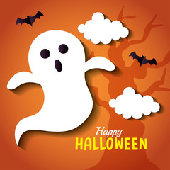 happy halloween banner, with ghost, clouds and bats flying in paper cut style vector illustration design