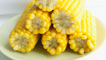 large cobs of ripe corn on a green plate, on a light background. Vitamins, vegetable diet, proper nutrition, healthy and balanced nutrition. A rich harvest from the garden. Wheat corn on a plate close