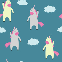 Fototapeta na wymiar Children's pattern with unicorns, clouds on a blue background. Vector seamless pattern for children. For wallpaper, textiles, fabric, paper.